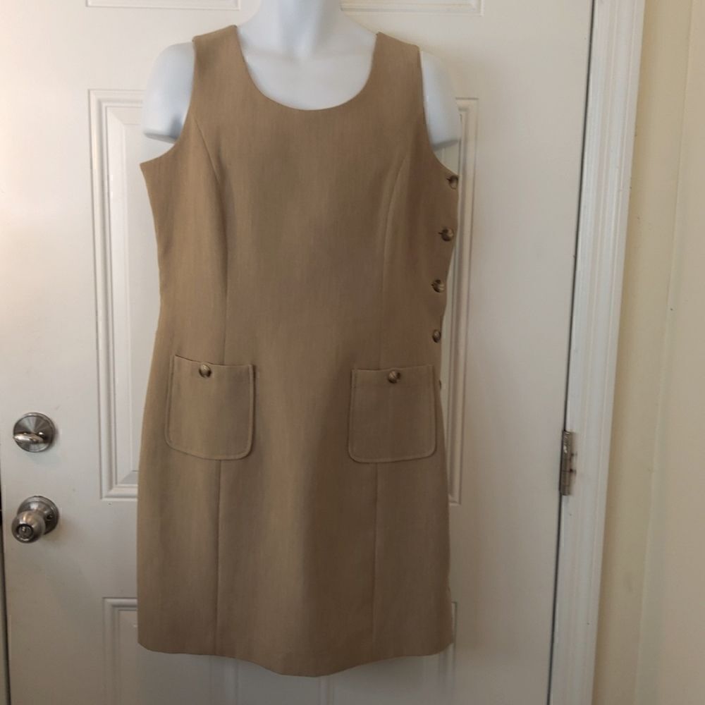 (3/$20) Europa by Newport News tan sleeveless dress with side working buttons